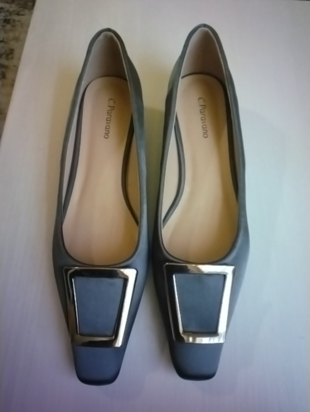 C.Paravano Classic Women's Gray Pointed Toe Flats with Metallic Accent
